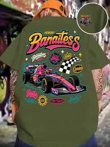 Camiseta de hombre con diseño de coche, impresión a doble cara, moderna y a la moda, holgada y suave, cuello redondo, ropa deportiva casual de calle para primavera y verano, camiseta de mang - Negro - Ver 6