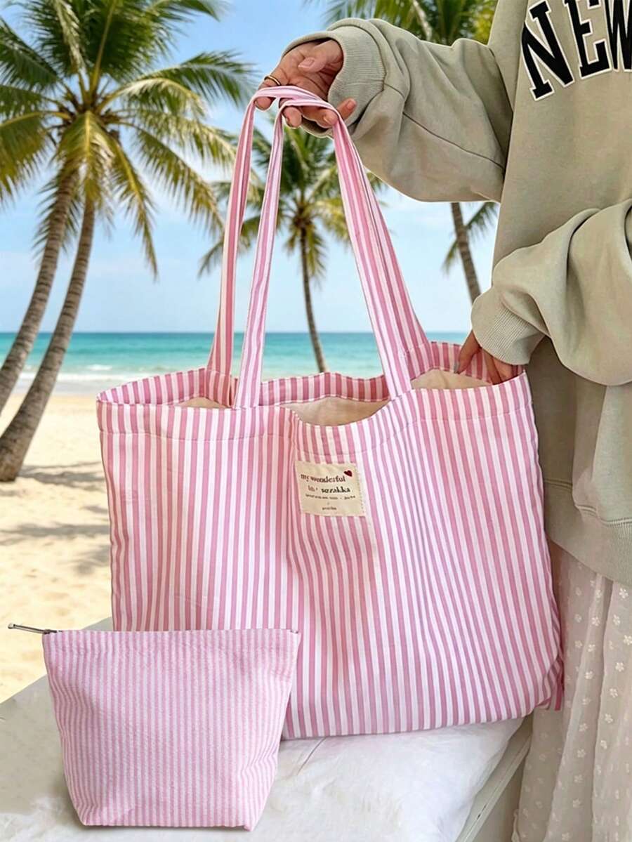 Vintage Striped Canvas Tote Bag For Women, Large Capacity Red And White Striped Shoulder Bag, Aesthetic Reusable Shopping Bag, Casual Everyday Handbag, Spacious Interior, Lightweight And Durable, For Travel, Work, School, Beach, Grocery Shopping, Weekend Outings, Open Design, Easy To Use, Washable Tote Bag, Perfect Gift For Women, Moms, Girls, Summer, Holidays, Back To School, Birthday, Christmas