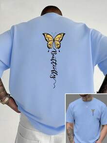 Camiseta de cuello redondo para hombre, estampado de mariposa en ambas caras, estilo casual deportivo, moda moderna, corte holgado, manga corta, para estudiantes y adolescentes. - Blanco - Ver 8