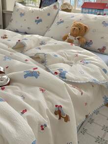 1pc Cute Pony Pattern Scalloped Edge Summer Quilt, Lightweight Soft Breathable Summer Thin Blanket, Suitable For Home Bedroom, Air-Conditioned Room, Dormitory, Hotel, Machine Washable And Easy To Care - Baby Blue - View 3