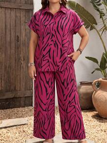 Plus Size Women's Zebra Print Woven Fabric Casual Set Daily Summer Elegant - Hot Pink - View 5
