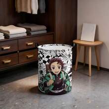 Miniso سلة غسيل قابلة للطي مقاومة للماء بطباعة مربعات يابانية عمودية بتصميم مانجا Demon Slayer Tanjiro بألوان مختلطة، منظم تخزين ملابس محمول بمقبض - متعدد الألوان - مشاهدة 2