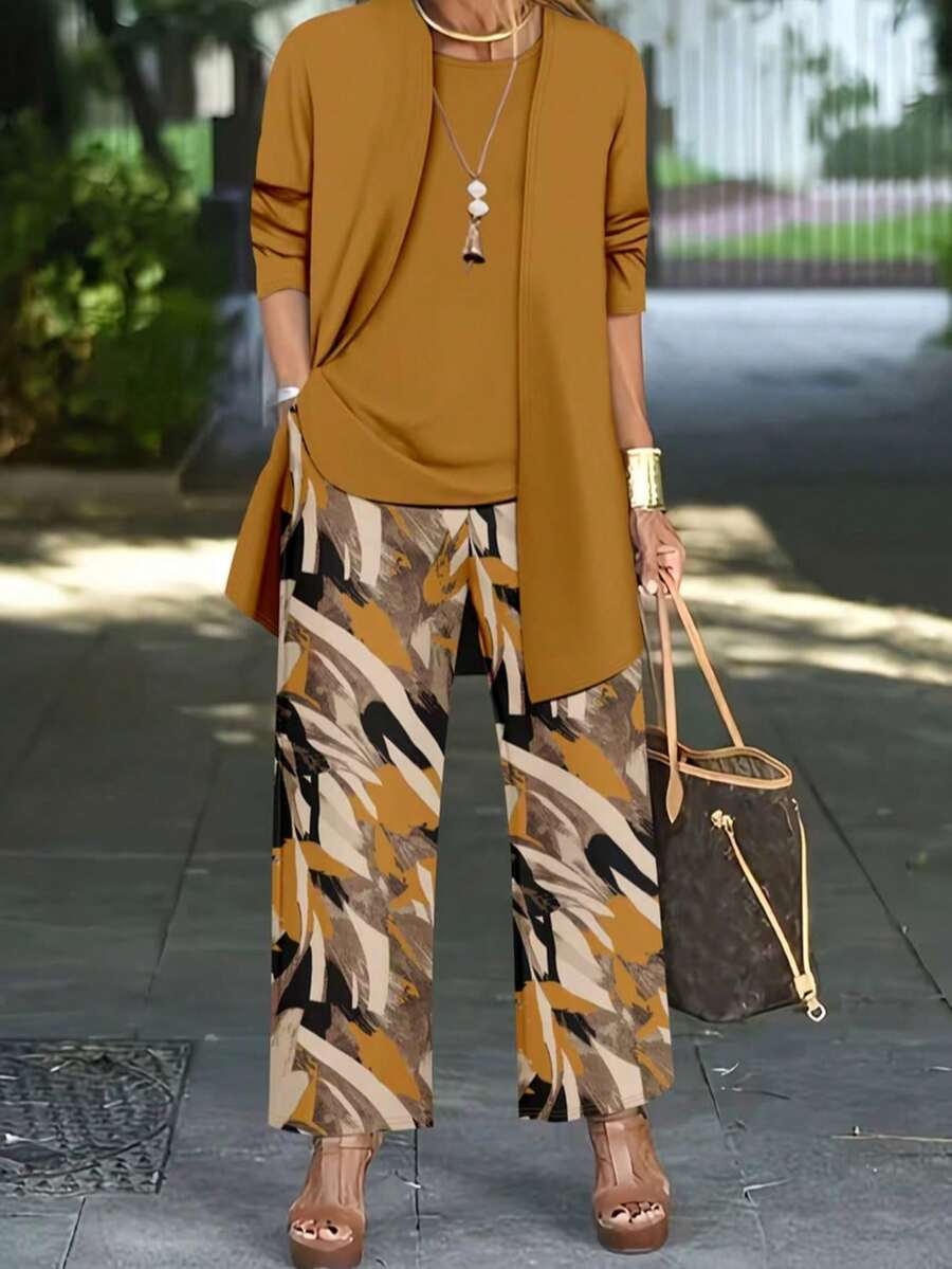 Conjunto de 3 piezas con estampado elegante para vacaciones de primavera para mujer de talla grande - Mostaza Amarilla - Ver 1
