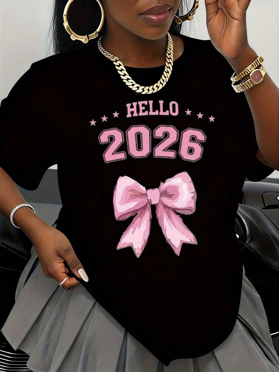 Women's Hello 2026 Casual T-Shirt With Pink Bow, Fashion Graphic Tee, New Year's Celebration Party Outfit, Unisex Fashion Top - 黑色 - 查看 1