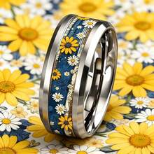 優雅清新雛菊不鏽鋼戒指，8mm寬，耐刮耐磨，復古花卉中性戒指，適合日常配戴 - 銀色藍調雛菊戒指 - 查看 8