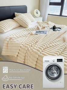 1pc White Ultra Soft Warm Striped Blanket - Machine Washable Polyester Material, Best Choice For Spring And Autumn, Suitable For All Seasons, Perfect For Sofa And Bed - Creamy White - View 5