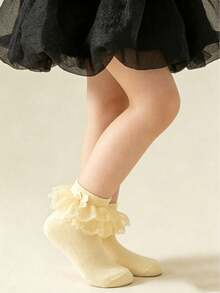 1雙女孩純棉透氣網眼素色舞蹈襪，蕾絲飾邊公主休閒襪 - 黃色 - 查看 3