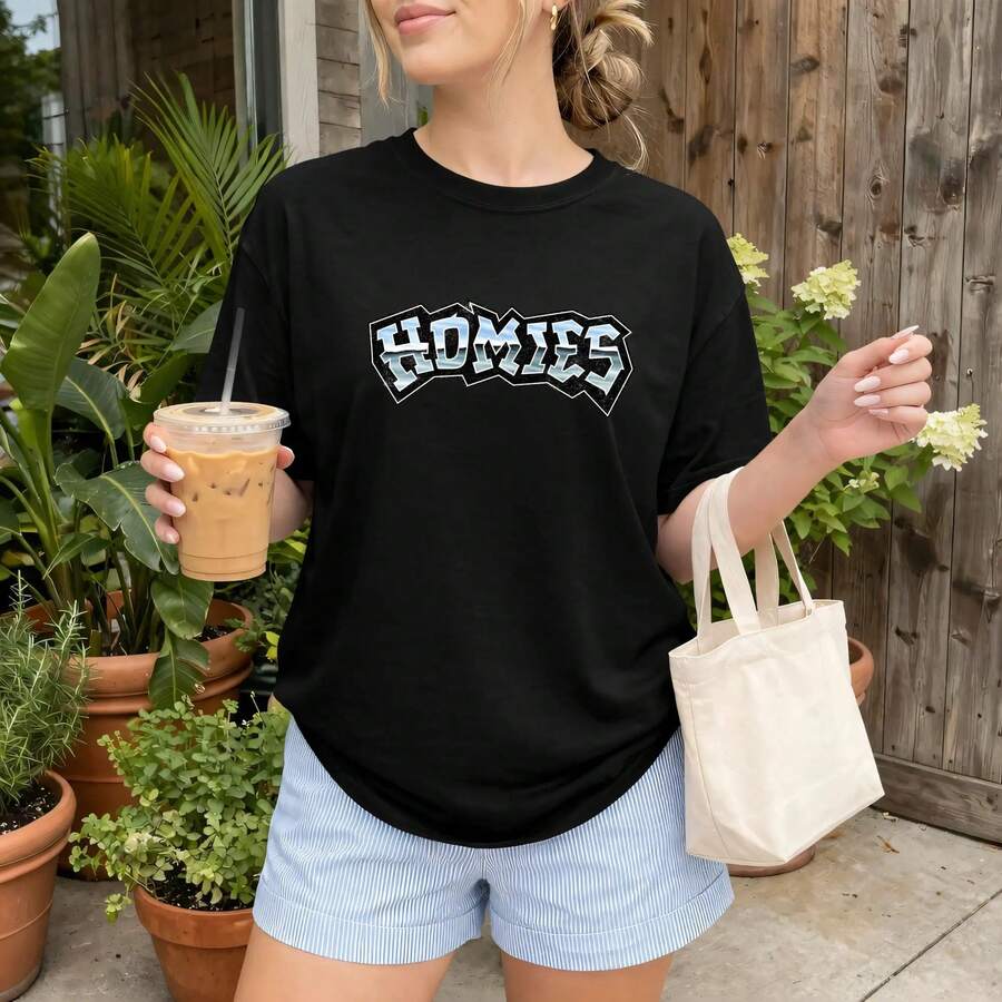 Women's Homies Graphic T-Shirt Short Sleeve Crew Neck Casual Printed Tee Summer Patterned Comfortable Top - Black - View 1