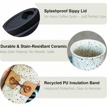 - Taza de caf con tapas, vaso de caf de viaje, tazas de caf reutilizables con tapas, tazas de t de porcelana, taza de viaje de cermica, apta para microondas y lavaplatos, a prueba de - Blanco con black (White With Black Dots) + S - Ver 5