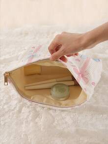 1 pieza Bolsa de almacenamiento de cosméticos portátil con estampado de lazo, impresión de doble cara, bolsa de maquillaje con cremallera para viajes, organizador de artículos de tocador multifuncional - Multicolor - Ver 4