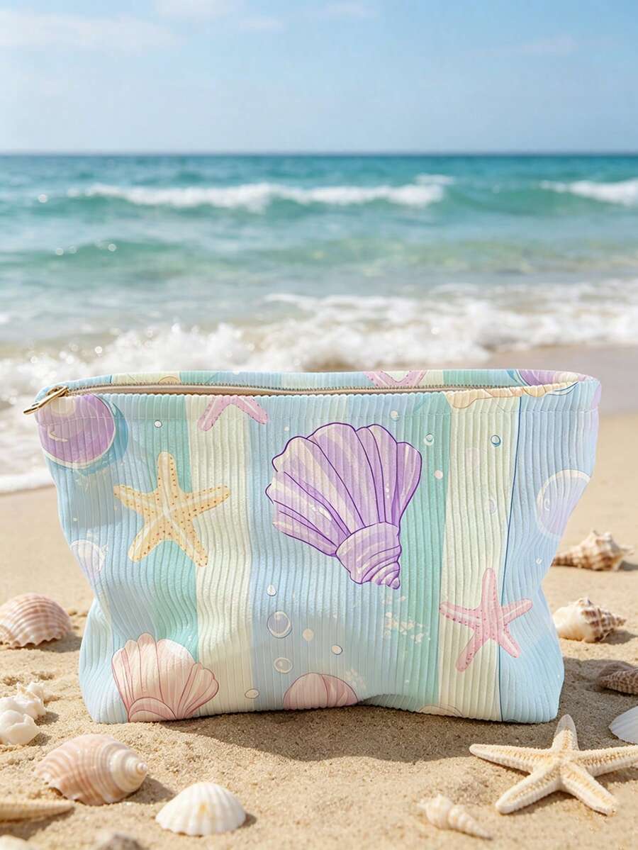 1 pieza Bolsa de almacenamiento de cosméticos portátil, patrón de serie oceánica de conchas marinas & estrellas de mar, estuche de maquillaje con cremallera de viaje con impresión de doble cara, organizador de artículos de tocador multifuncional - Multicolor - Ver 1