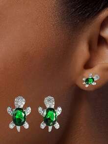 Cute Mini Turtle Earrings - Multicolor Turtle Shaped Earrings, Small Animal Style Jewelry Suitable For Girls' Daily Wear - Green - View 9