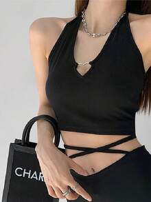 Camisola con cuello en V y corazón ahuecada para mujer, camisetas sin mangas con cuello Halter, camisola recortada ajustada con cordones a la moda de verano - Gris - Ver 7
