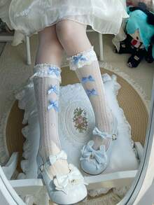 1 Pair Girls Spring/Summer Thin Lace Trim Multi-Bow Lolita JK Sweet Fishnet Socks - Multicolor - View 6
