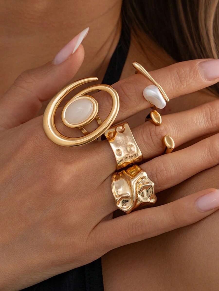 5pcs Punk Style Ring Set, Women's Vintage Geometric Ring Set, Fashion Personalized Jewelry Gift, Suitable For Daily Wear And Party Accessories