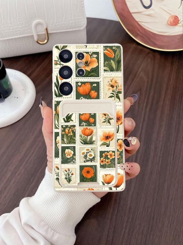 #Pure Android Series# 1pc White TPU Retro Stamp Plaid Orange Tulip Daisy Print Full Coverage Shockproof Phone Case And 1pc Retro Stamp Plaid Orange Tulip Daisy Print White Adhesive Card Holder New 2-In-1, Full Coverage Protection Dustproof Waterproof Soft Shell Suitable For Versatile Phone Case/Card Holder Phone Case/Fun Phone Case/Android Phone Case/ Phone Case/ Phone Case/ Phone Case/Suitable For Galaxy/Galaxy S26 S25 S24