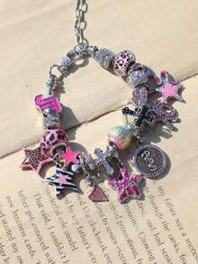 1 pieza Pulsera con dije de corazón y cruz con estampado de leopardo rosa, Pulsera de estrella con estampado de leopardo para niñas, Pulsera de amistad de estrella fucsia para niñas, Pulsera DIY de cruz oscura - Plateado - Ver 6