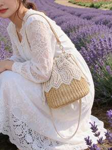 Lace Trim Straw Bucket Bag, Versatile Women's Crossbody Bag, Drawstring Closure, Vacation Style, Suitable For Commuting, Dating And Vacation - Multicolor - View 8