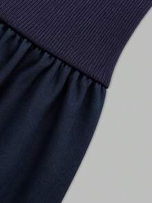 Navy Knit Patchwork Midi Dress Stand Collar Button Long Sleeve Swing Casual Dress Elegant - Navy Blue - View 8