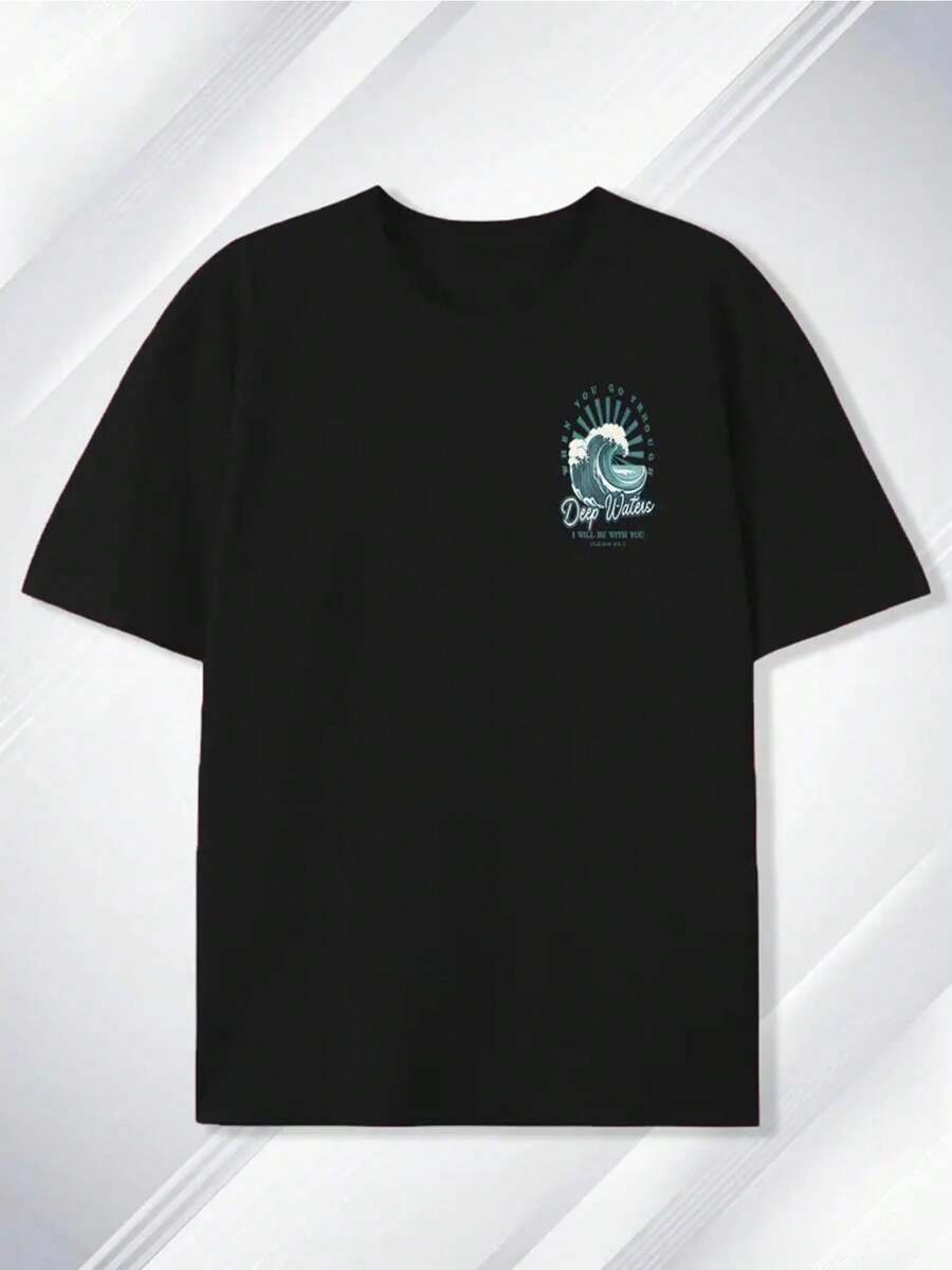 Camiseta de algodón para hombre con estampado único de doble cara de Deep Sea, cómoda, casual, versátil, moderna, de cuello redondo y manga corta, estilo básico para hombre, adecuada co - Negro - Ver 1