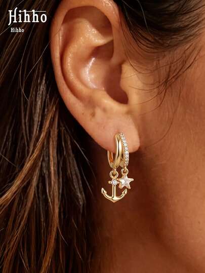 Hihho 2pcs Gold-Plated/Silver-Tone Dual Color Optional, Anchor Pendant Necklace Paired With Cubic Zirconia And Starburst Earrings, Suitable For Women's Beach Vacation Gift, Comfortable Design, Fashionable Nautical Minimalist Elegant Vintage Style Jewelry