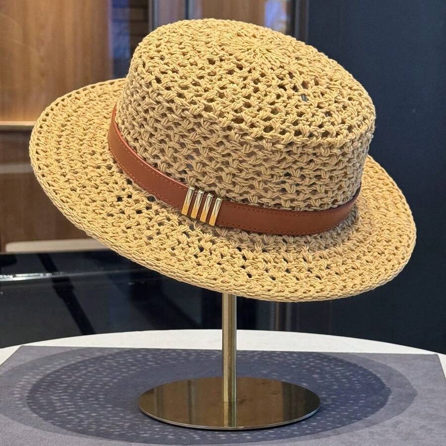 Crochet Straw Dome Hat With PU Leather Band And Gold Buckle, Women's Summer Beach Sun Hat
