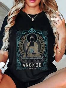 Vintage 100% Cotton T-Shirt With Buddha Design In Turquoise Blue And Gold From Angkor, Cambodia TLQL - Hitam - View 1