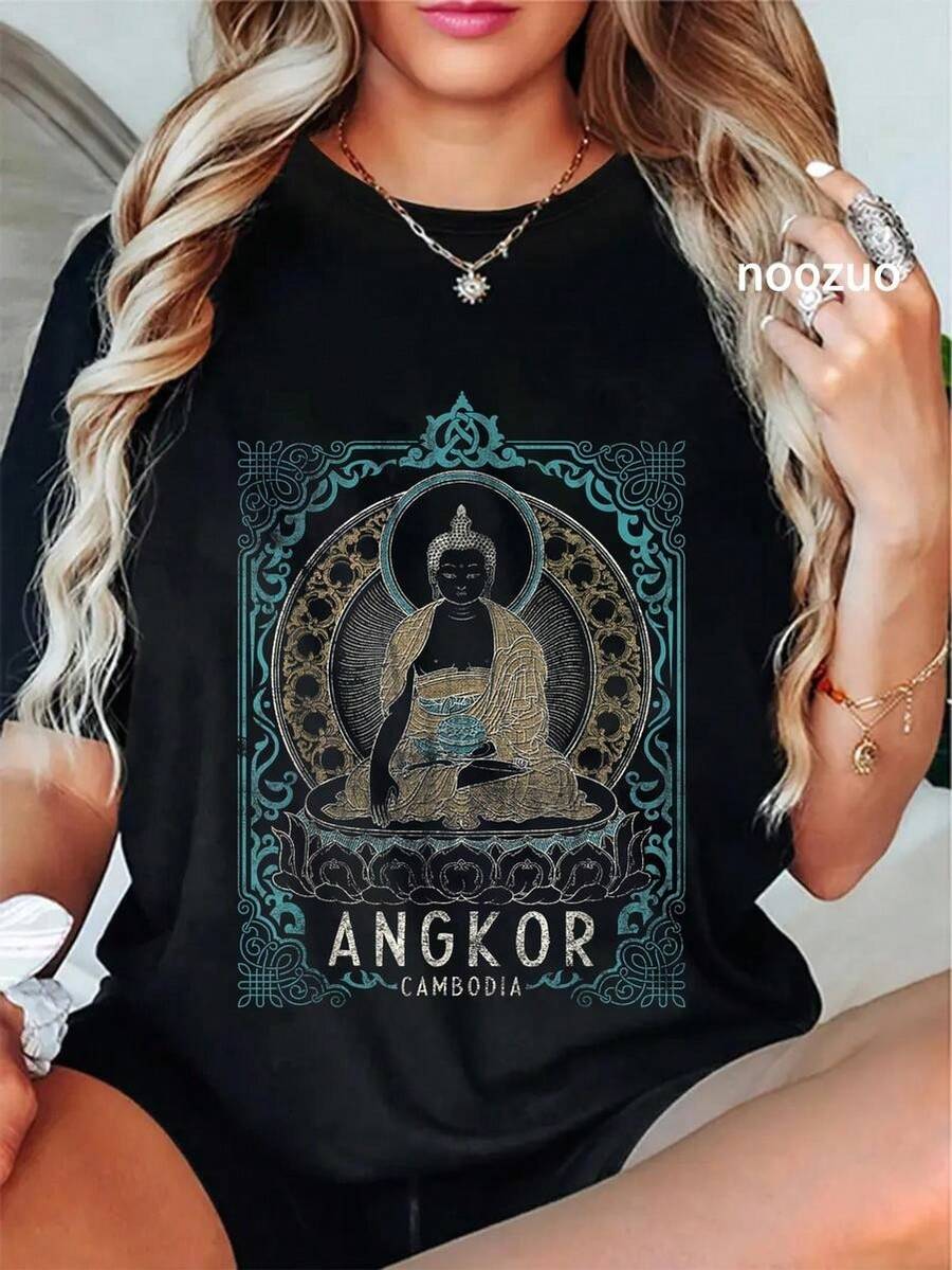 Vintage 100% Cotton T-Shirt With Buddha Design In Turquoise Blue And Gold From Angkor, Cambodia TLQL - Hitam - View 1
