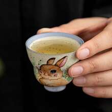 1pc Vintage Coarse Ceramic Hand-Painted Floral Rabbit Owner Cup, Tea Tasting Cup, Elegant Tea Set Small Cup - Multicolor - View 6