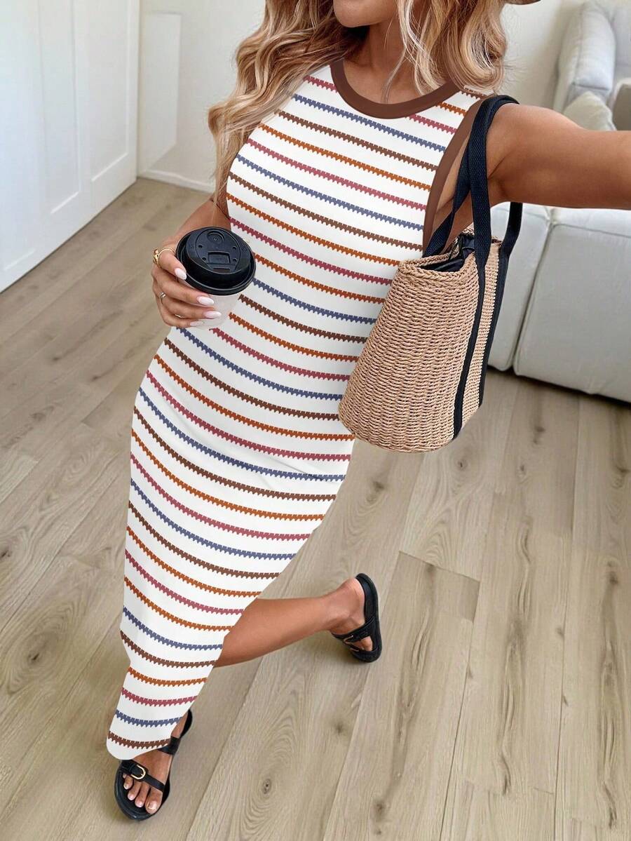 Vestido midi con cuello redondo, sin mangas, ajustado a la cintura, con dobladillo bordado en contraste y abertura lateral, hecho de tela de algodón cómoda, vestido casual, relajado y - Multicolor 4 - Ver 1
