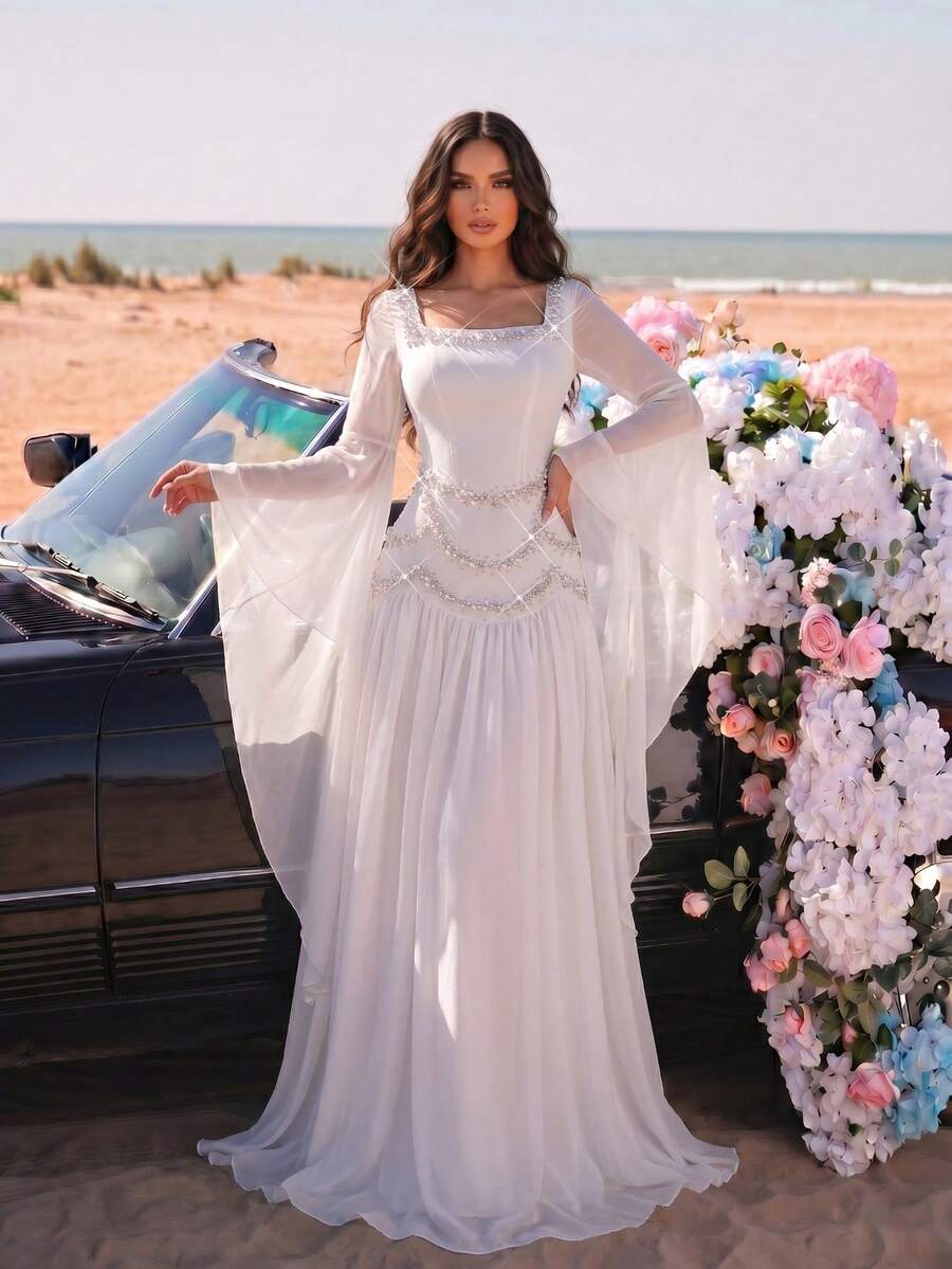 Elegant Elegant Ruffle Sleeve High-End Square Neck Heat-Pressed Rhinestone Studded Design Mesh Splicing Pleated Hem Dress Music Festival - White - View 1