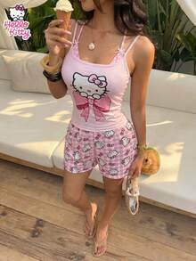 SANRIO Conjunto de ropa de estar en casa KT Cat a cuadros rosa & blanco, top camisola + shorts con estampado integral, conjunto de 2 piezas, tela suave & transpirable, juvenil & atemporal, adecuado para uso en el hogar y al aire libre, conjunto refrescante de verano - Rosa - Ver 4