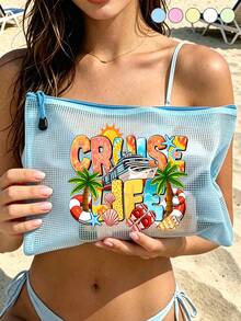 防水時尚沙灘包，印有「CRUISE LIFE」棕櫚樹圖案，輕便多功能收納包，大容量透明化妝包配尼龍拉鍊，網格便攜式化妝包，適合春夏收納，耐用，適合游泳、沙灘、潛水和夏季度假，適合朋友、家人、閨蜜、同學。適合生日、節日、派對、母親節、教師節禮物和紀念品。 - 彩色 - 查看 2
