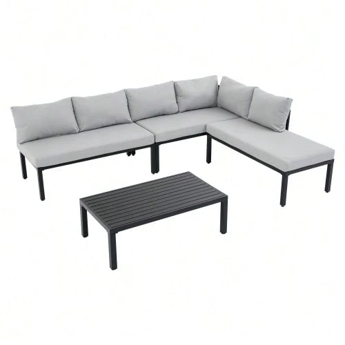 Garden Dining Set, Garden Furniture Set, Garden Lounge Chair Set With Galvanized Iron Frame, 6 Seats, Adjustable Feet, Removable Backrest, Modular Sofa, Galvanized Iron Tabletop, Grey - 灰色 - 查看 1
