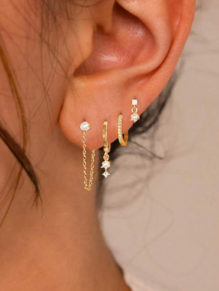 Bộ 4 đôi khuyên tai nữ phong cách Clean Girl Aesthetic, khuyên tai vàng thanh mảnh, gồm khuyên thả dây xích, khuyên nụ, khuyên ôm Huggie đính đá Zirconia - Vàng - Xem 1