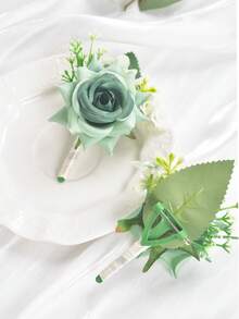 1件/6件裝 玫瑰鼠尾草綠男士婚禮胸花套組，含領結與口袋巾，新郎與伴郎配對飾品，適用於舞會、派對、週年紀念 - 鼠尾草綠 - 查看 4
