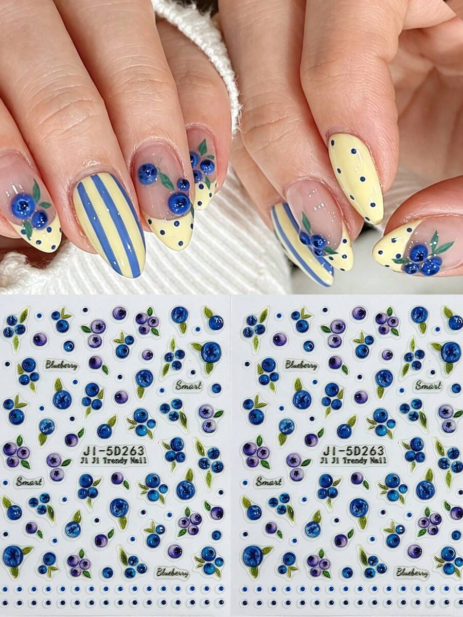 Summer Blueberry Fruit Nail Stickers, Vintage Polka Dot Design, Charming French Manicure, Fresh Summer Style 5D Embossed Nail Art - Multicolor - View 1