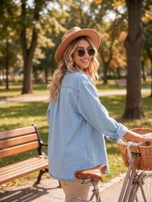 Women's Oversized Denim Shirt, Long & Short Sleeve Classic Pocket Jean Blouse, Casual Back To School Camisas De Mujer Elegantes - Light Blue - View 7
