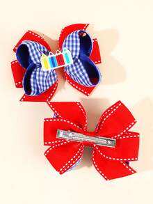 2pcs Blue Red Back To School Hair Bows,Pencil Bow Hair Clips,Elegant Ribbon Plaid Hairpins, Cute Y2k Hair Accessories For Girls Students School Party - Multicolor - View 5