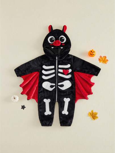 Disfraz de murciélago para niños de Halloween, mono con capucha, cremallera y estampado de esqueleto, ideal para fiestas y disfraces infantiles.