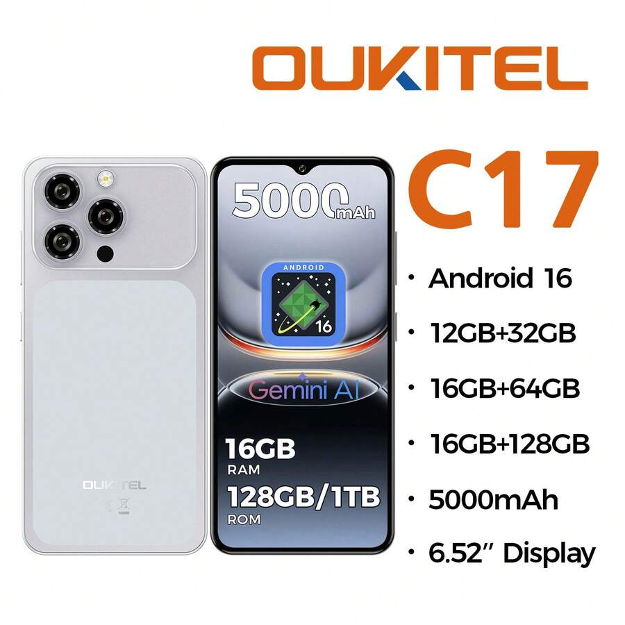 OUKITEL C17 Android 16 解鎖手機 2026-12GB+32GB/16GB+64GB/16GB+128GB, 6.52'' 水滴螢幕, 5000mAh 電池智慧型手機, 13MP+5MP 相機, 八核心, 3.5mm 耳機孔 /GPS - 銀色 - 查看 1