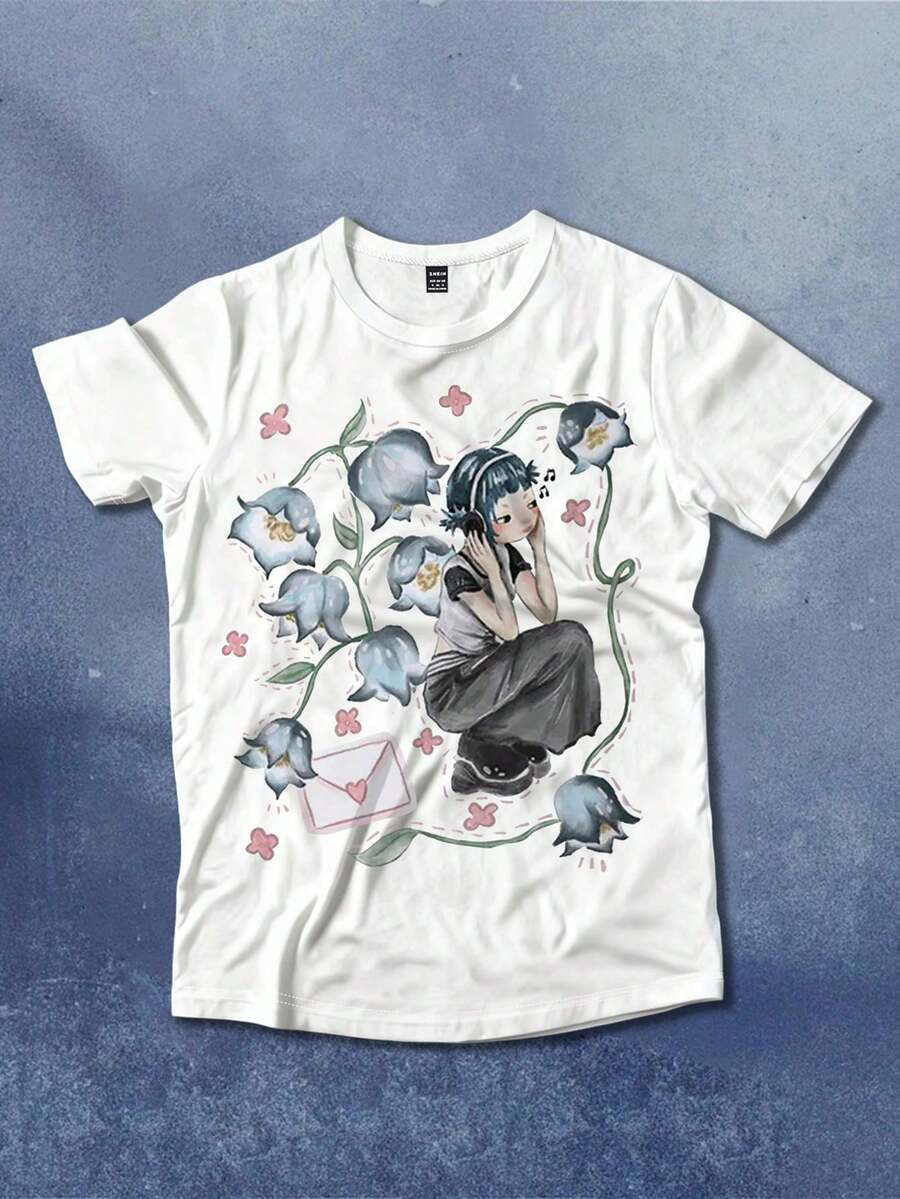 Casual Japanese Style, Hand-Drawn Blue Bell Flower Girl Pattern, Envelope Heart Decor Warm & Healing, Women Short Sleeve T-Shirt - White - View 1