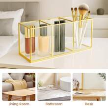 3-Compartment Makeup Brush Holder Glass And Brass Cosmetic Storage - Gold - View 5