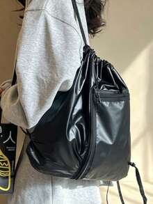 Japanese & Korean Style Niche Design INS Style Drawstring Cinch Bucket Backpack, Travel Backpack For Women College Students, Large Capacity Foldable Backpack For Outings - Black - View 5