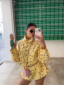 Chaqueta ligera de cuello alto con cordón y plisado de lunares para primavera, verano y otoño - Amarillo - Ver 4
