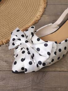 Women's Black Polka Dot Satin Open-Back Sandals With Bow Decoration, Elegant Pointed Toe Stiletto Heels Summer Evening Shoes - White - View 7