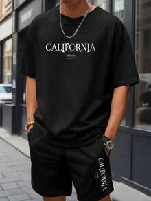 Men's Short-Sleeved T-Shirt, Made Of Printed Cotton, Lightweight And Comfortable For Everyday Casual Wear. This Is Not A Set; The Pants Shown Are For Illustrative Purposes Only. - 黑色 - 查看 7