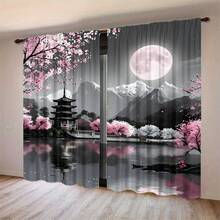 2pcs/Set, Japanese Cherry Blossom Pavilion Pattern, Digital Print, Suitable For Living Room, Bedroom, Balcony, Study, Create Romantic Atmosphere - Multicolor - View 7