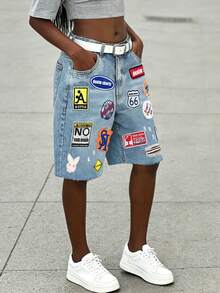 Quần short denim thêu họa tiết phong cách Y2K Streetwear thường ngày, quần short denim cạp trung, kiểu dáng gợi cảm cho mùa hè. - Rửa trung bình - Xem 8