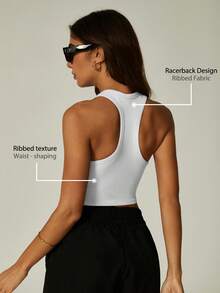 Women's Ribbed Knit Racerback Cropped Tank Top, Sports Support Breathable Innerwear, Yoga Top, Pilates Workout Wear, Suitable For Daily Commute, Gym Exercise, Outdoor Running Sports Top - White - View 2